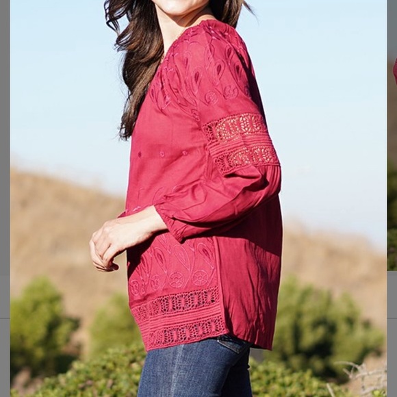 Wine 3/4 Sleeve Embroidered Lace Tunic, M - Picture 4 of 5